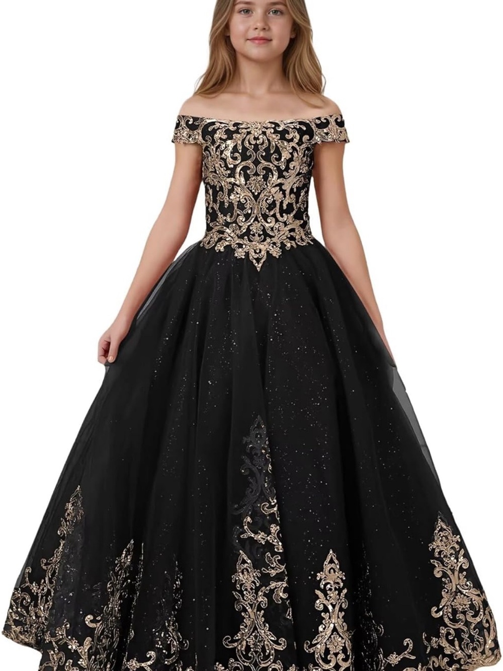 Black & Gold Off-Shoulder Party Dress for Girls